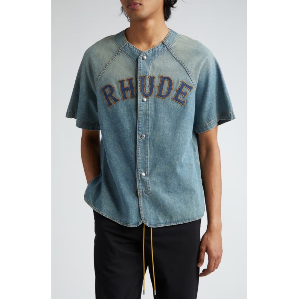 Rhude Embroidered Logo Denim Baseball Shirt Dark Indigo Blue Medium NWT